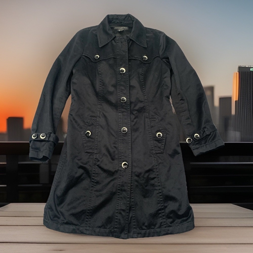 Banana Republic Black Cotton Trench Coat Jacket Single Breasted No Belt Sz Large